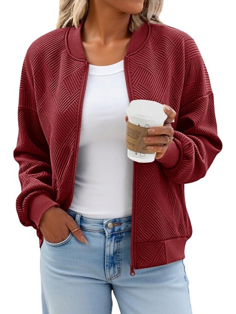 Women's Red Bomber Jacket Trendy Casual Lightweight Zip Up Jacket with Pockets